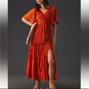 Anthropologie Ruched Tiered Orange Maxi Dress
